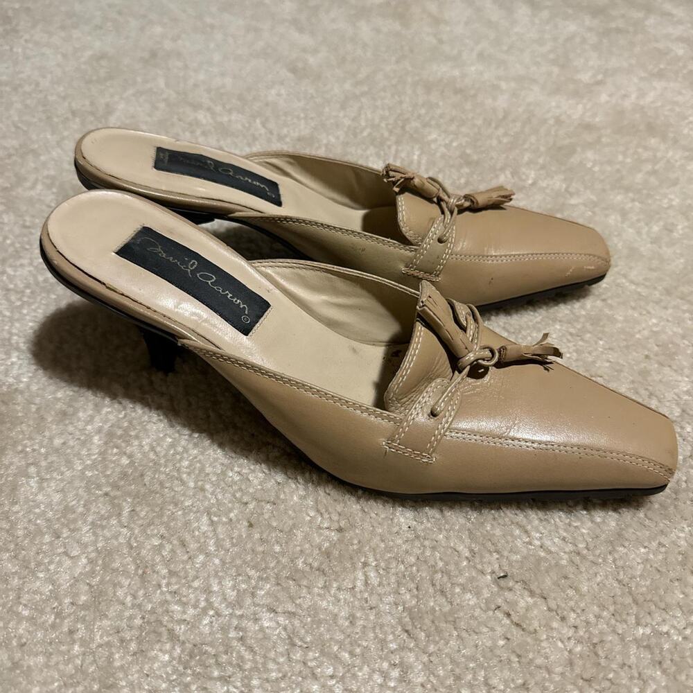 Tan leather kitten heel mules 5.5